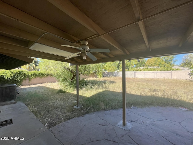 exterior space featuring ceiling fan and a patio