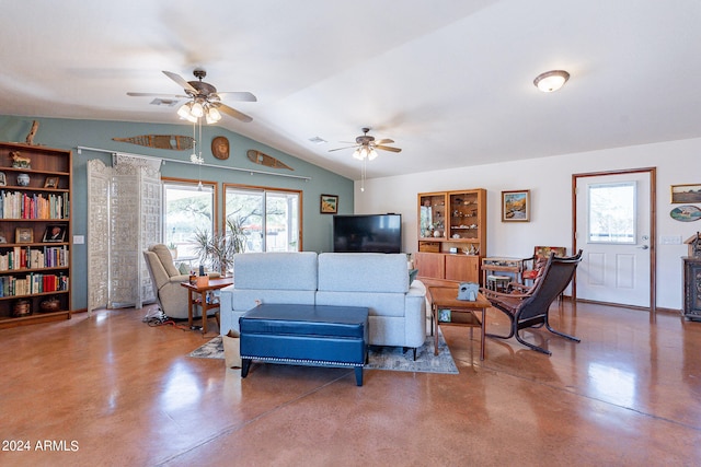 living room with lofted ceiling and ceiling fan