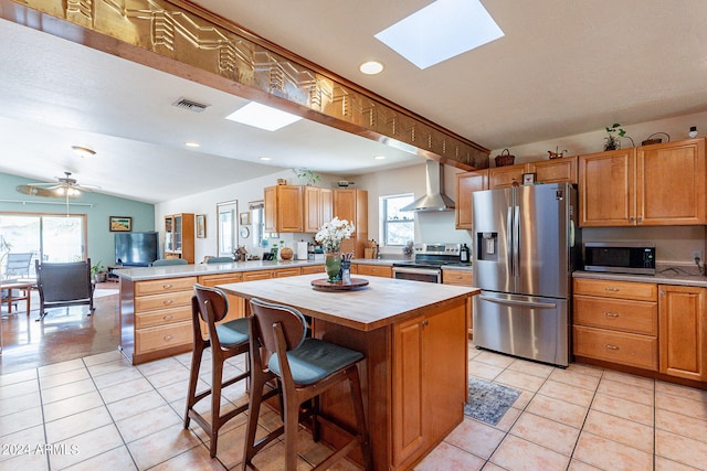 kitchen with ceiling fan, a kitchen island, a wealth of natural light, and stainless steel appliances