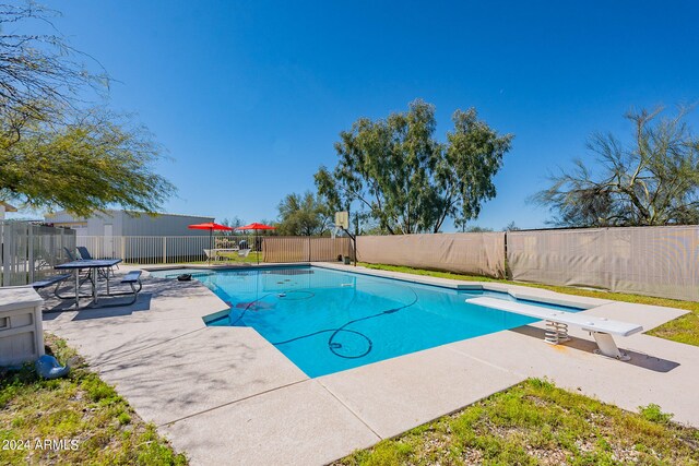 view of pool with a diving board and a patio