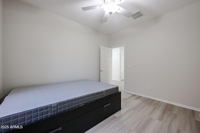 45633 W Mountain View Rd, Maricopa, AZ 85139 - bedroom with visible vents, light wood finished floors, ceiling fan, and baseboards