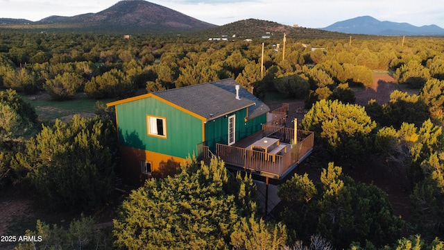 aerial view featuring a mountain view and a view of trees