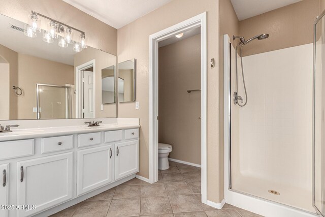 4426 E Coyote Wash Dr, Cave Creek, AZ 85331 - bathroom featuring a shower stall, double vanity, tile patterned flooring, toilet, and baseboards