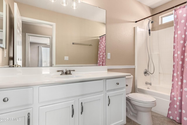 4426 E Coyote Wash Dr, Cave Creek, AZ 85331 - full bathroom featuring toilet, vanity, shower / bathtub combination with curtain, and tile patterned flooring