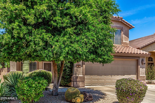 4426 E Coyote Wash Dr, Cave Creek, AZ 85331 - view of property hidden behind natural elements with a tile roof, driveway, stucco siding, and an attached garage