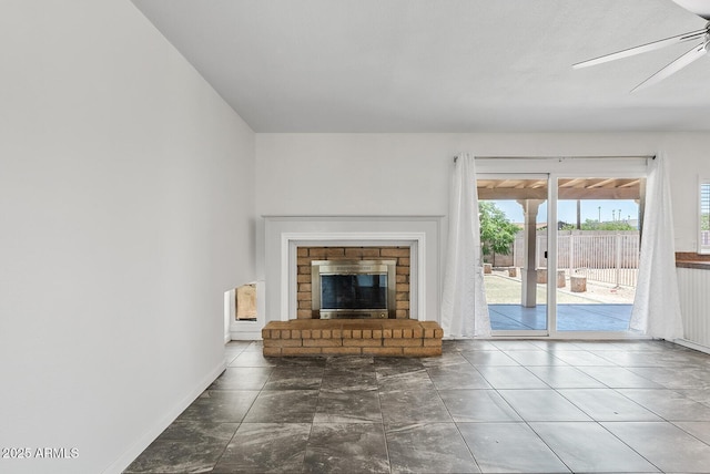 1160 E Hampton Cir, Mesa, AZ 85204 - unfurnished living room with ceiling fan and a brick fireplace
