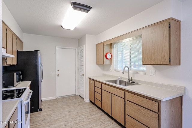 kitchen with sink, white electric stove, light hardwood / wood-style floors, and a textured ceiling