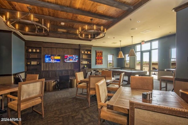 carpeted dining area featuring wooden walls, pool table, a notable chandelier, beam ceiling, and wood ceiling