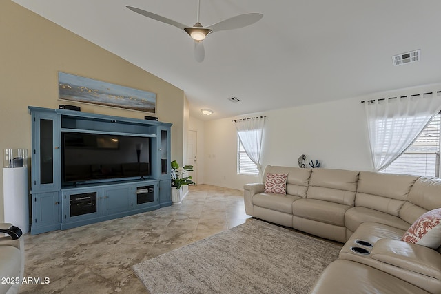16523 W Desert Bloom St, Goodyear, AZ 85338 - living room featuring vaulted ceiling and a ceiling fan
