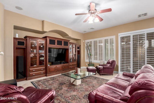 living room with ceiling fan