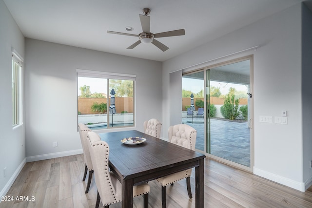 dining space featuring light wood-type flooring and ceiling fan