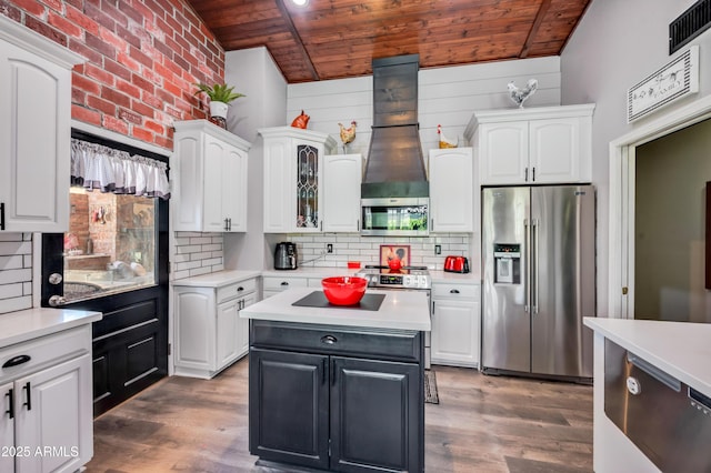 13207 N 55th Ave, Glendale, AZ 85304 - kitchen with appliances with stainless steel finishes, wooden ceiling, white cabinets, light countertops, and brick wall