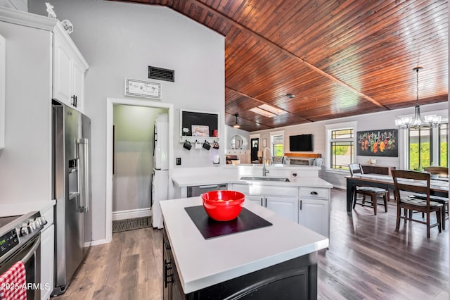 13207 N 55th Ave, Glendale, AZ 85304 - kitchen with appliances with stainless steel finishes, a peninsula, wooden ceiling, open floor plan, and white cabinetry