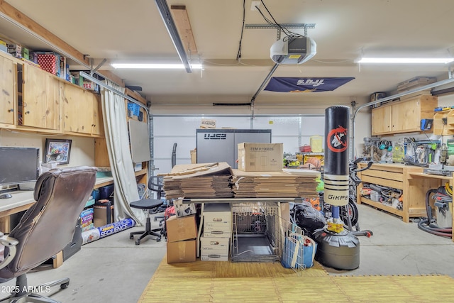 garage featuring a workshop area and a garage door opener