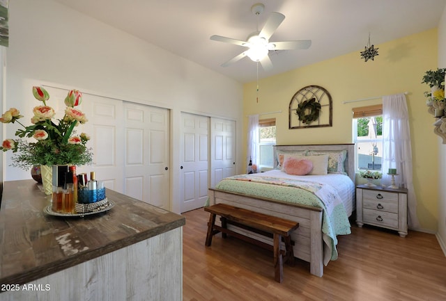 bedroom featuring a ceiling fan, multiple closets, and wood finished floors