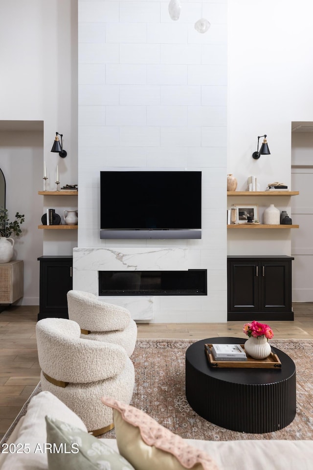 living room featuring a fireplace and wood finished floors