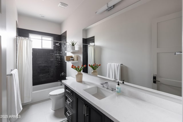 full bathroom featuring toilet, vanity, and shower / bathtub combination with curtain