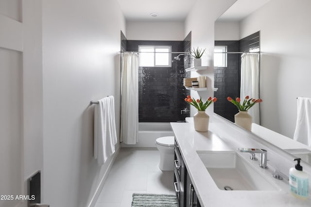 bathroom with toilet, tile patterned floors, vanity, and shower / bath combo