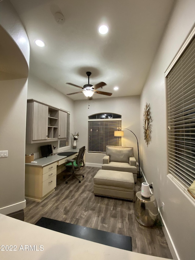 2042 W Periwinkle Way, Chandler, AZ 85248 - office area featuring baseboards, wood finished floors, a ceiling fan, built in study area, and recessed lighting