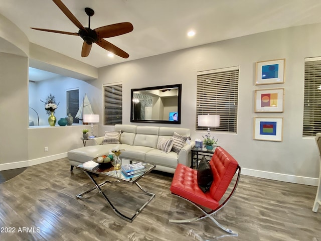 2042 W Periwinkle Way, Chandler, AZ 85248 - living room featuring baseboards, a ceiling fan, wood finished floors, and recessed lighting