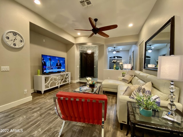2042 W Periwinkle Way, Chandler, AZ 85248 - living room with ceiling fan, wood finished floors, baseboards, and recessed lighting