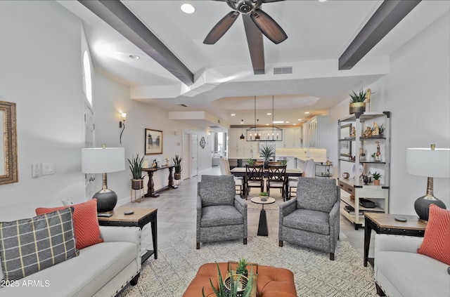 living room featuring baseboards, visible vents, a ceiling fan, beam ceiling, and recessed lighting