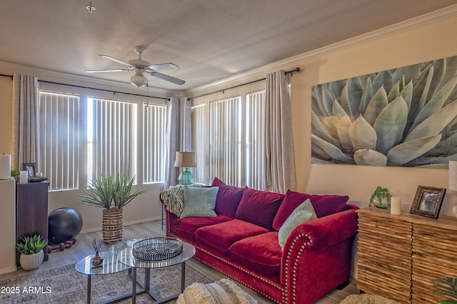 19777 N 76th St Unit 2142, Scottsdale, AZ 85255 - living area with a ceiling fan, plenty of natural light, wood finished floors, and crown molding