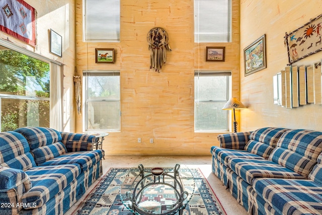 carpeted living room with a high ceiling and wooden walls