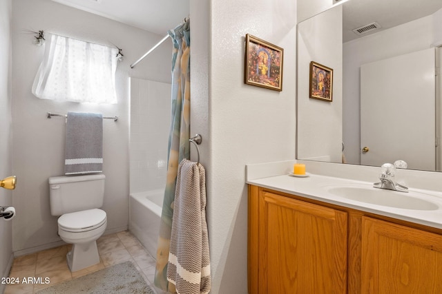 full bathroom with vanity, toilet, and shower / bath combo with shower curtain