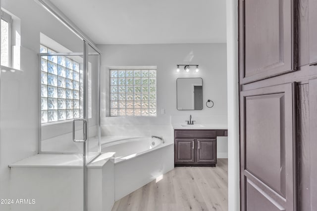 bathroom featuring separate shower and tub, vanity, and wood-type flooring