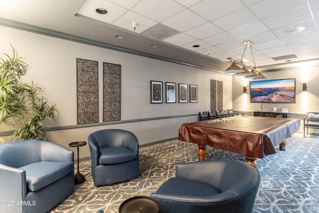 recreation room with a drop ceiling, crown molding, billiards, and carpet