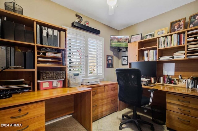 tiled office with ceiling fan