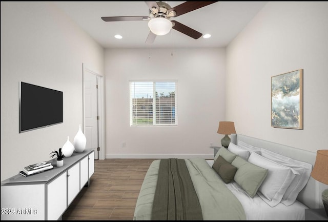 bedroom featuring baseboards, dark wood-style flooring, recessed lighting, and a ceiling fan