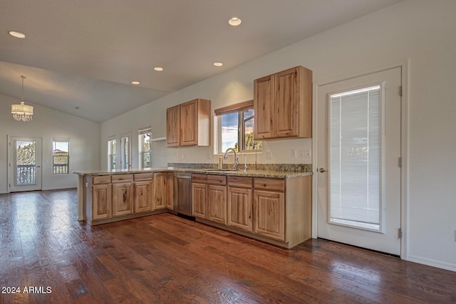 kitchen with dishwasher, decorative light fixtures, dark hardwood / wood-style floors, and kitchen peninsula