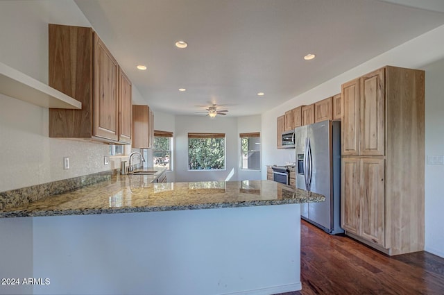 kitchen featuring sink, dark hardwood / wood-style flooring, kitchen peninsula, stainless steel appliances, and light stone countertops