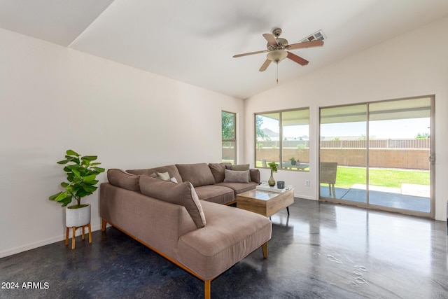 living room with ceiling fan and vaulted ceiling