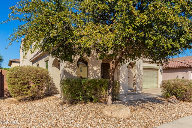 view of property hidden behind natural elements with a garage