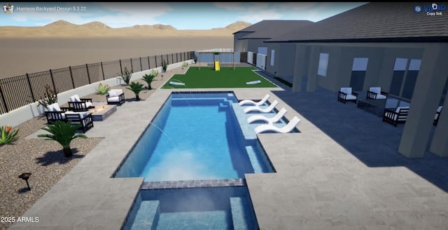 3445 W Carriage Dr, Phoenix, AZ 85086 - view of swimming pool with a mountain view, a fenced backyard, a patio, and an outdoor living space