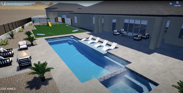 3445 W Carriage Dr, Phoenix, AZ 85086 - view of swimming pool with a fire pit, a patio, a fenced backyard, and a pool with connected hot tub