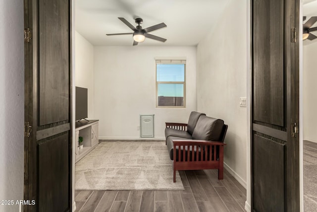 living area with ceiling fan