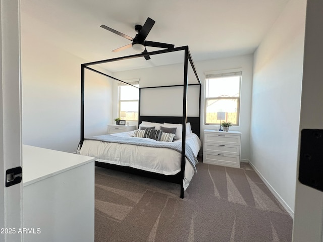 bedroom with ceiling fan and light colored carpet