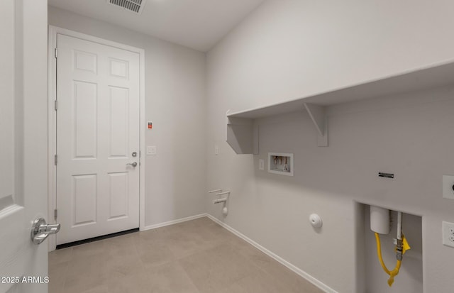 laundry area featuring gas dryer hookup, hookup for a washing machine, laundry area, visible vents, and baseboards