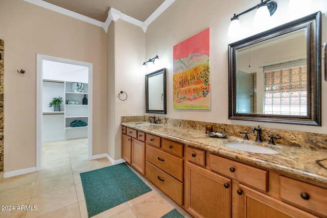 bathroom with tile patterned flooring, vanity, and ornamental molding