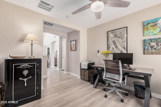 office space featuring ceiling fan and light wood-type flooring