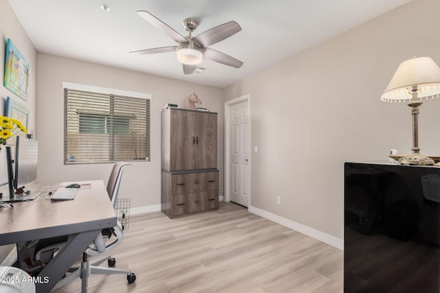 office space featuring ceiling fan and light hardwood / wood-style floors