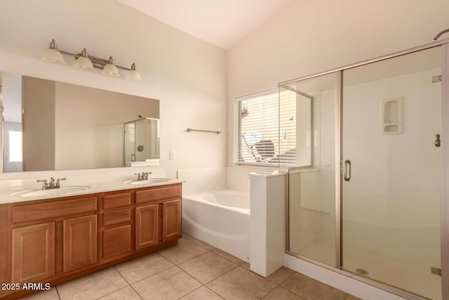 bathroom with vanity, tile patterned flooring, and independent shower and bath