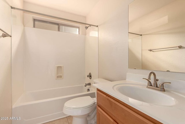 full bathroom featuring shower / tub combination, vanity, toilet, and tile patterned flooring