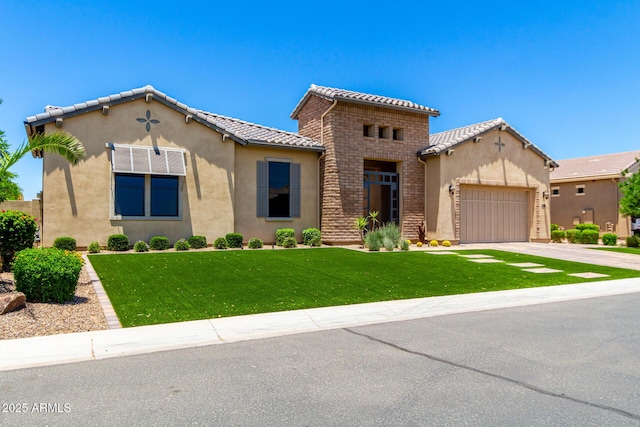 7002 S Portland Ave, Gilbert, AZ 85298 - mediterranean / spanish-style house featuring an attached garage, driveway, stucco siding, a front yard, and a tiled roof