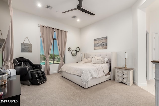 7002 S Portland Ave, Gilbert, AZ 85298 - bedroom featuring light colored carpet, recessed lighting, baseboards, and ceiling fan