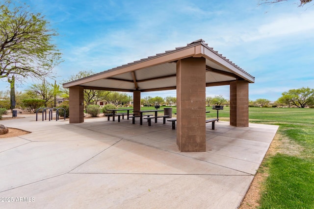 view of community featuring a gazebo and a yard